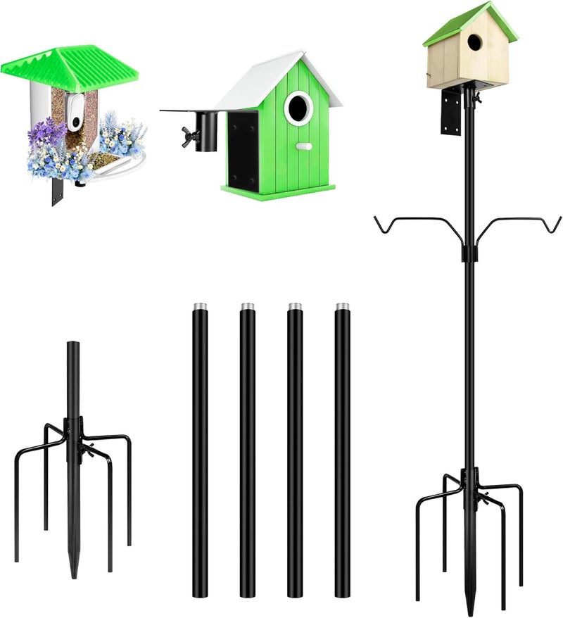 YINGYM Bird Feeder Pole, 79 Inch Heavy Duty Bird House Pole Mount Kit for Outdoors, Adjustable Metal Bird Feeding Stand, with 2-Hooks, 5-Prong Base for Hanging Feeders, Black - Image 1
